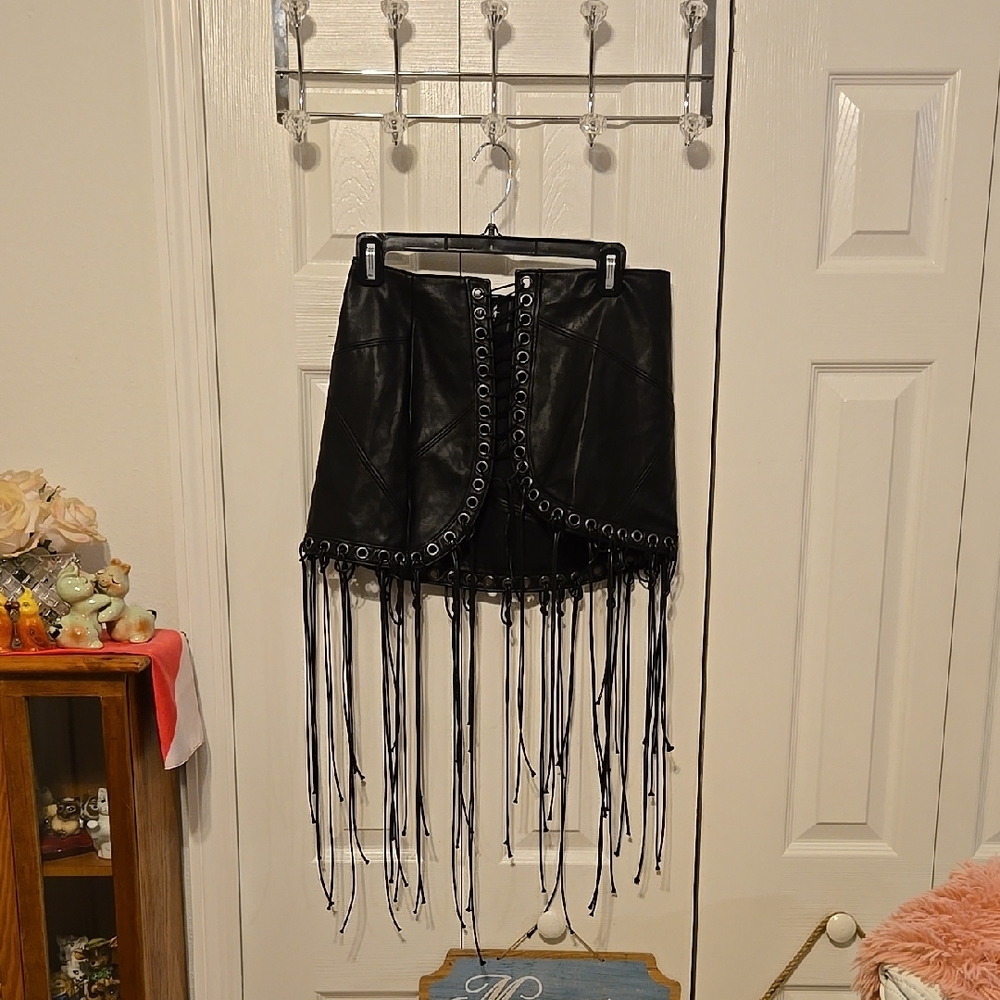 Darker Waves Black Fringe Leather Skirt